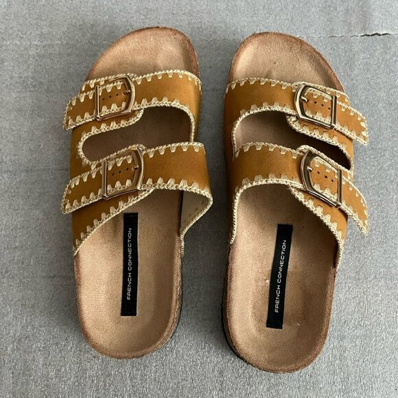 [US8]French Connection Tan Double Buckle Sandals Cork - Picture 1 of 5
